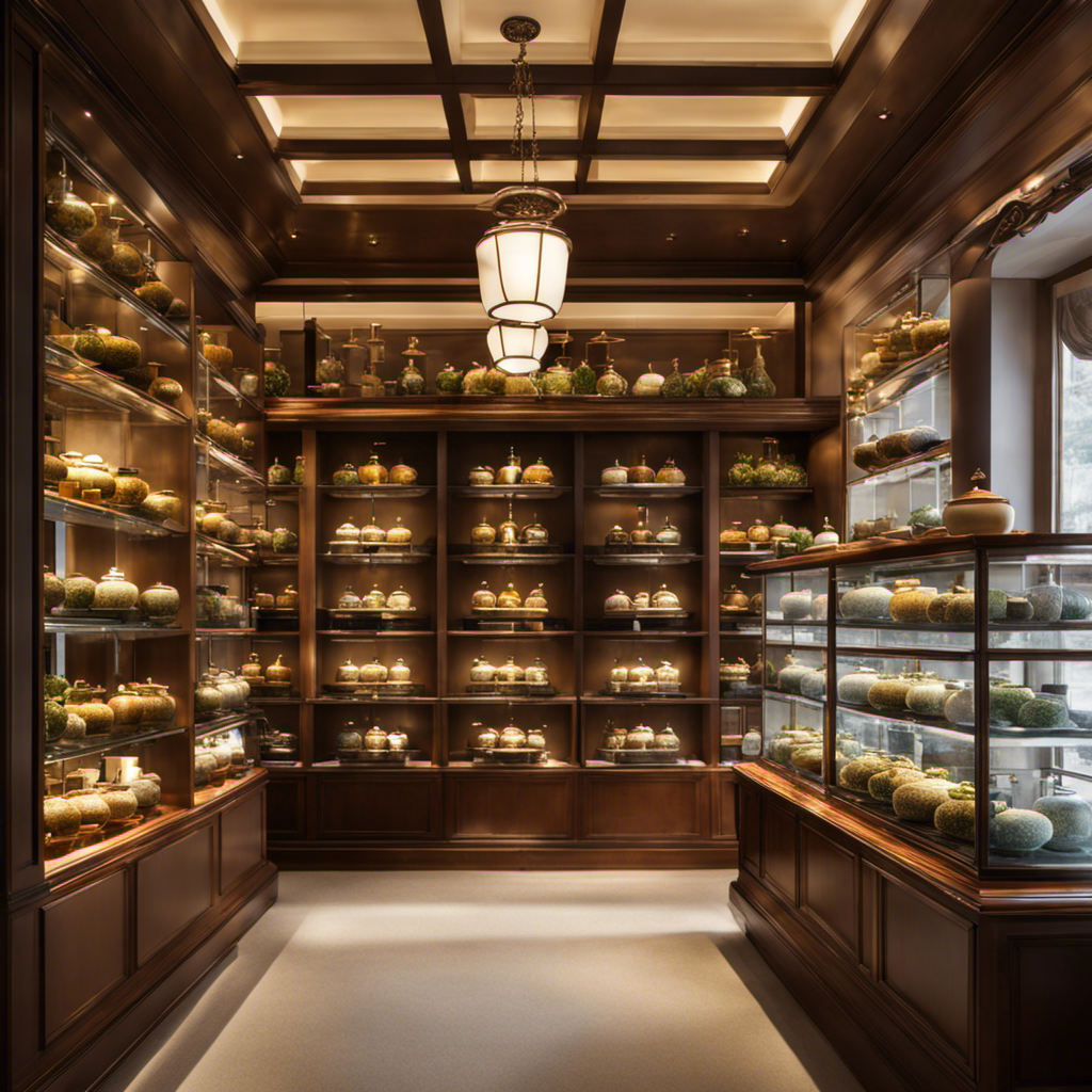 An image showcasing a serene tea shop, adorned with elegant shelves lined with delicate porcelain teapots, while sunlight filters through the windows, illuminating the array of exquisite Oolong tea leaves neatly displayed in glass jars