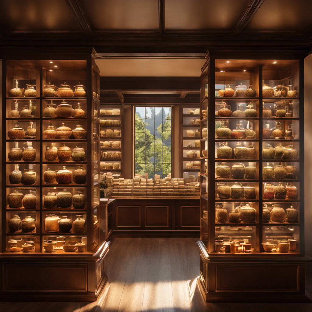 An image showcasing a cozy teashop, adorned with shelves filled with exquisite Oolong tea varieties from around the world