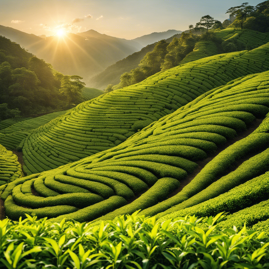 An image showcasing a lush, thriving tea plantation in Japan, bathed in golden sunlight
