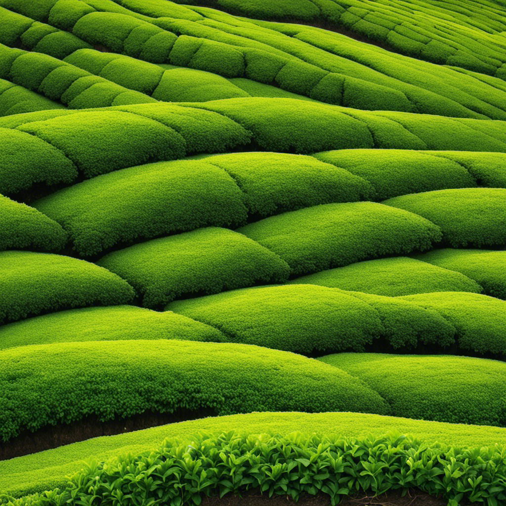 An image showcasing a lush tea plantation surrounded by rich, nutrient-filled compost piles