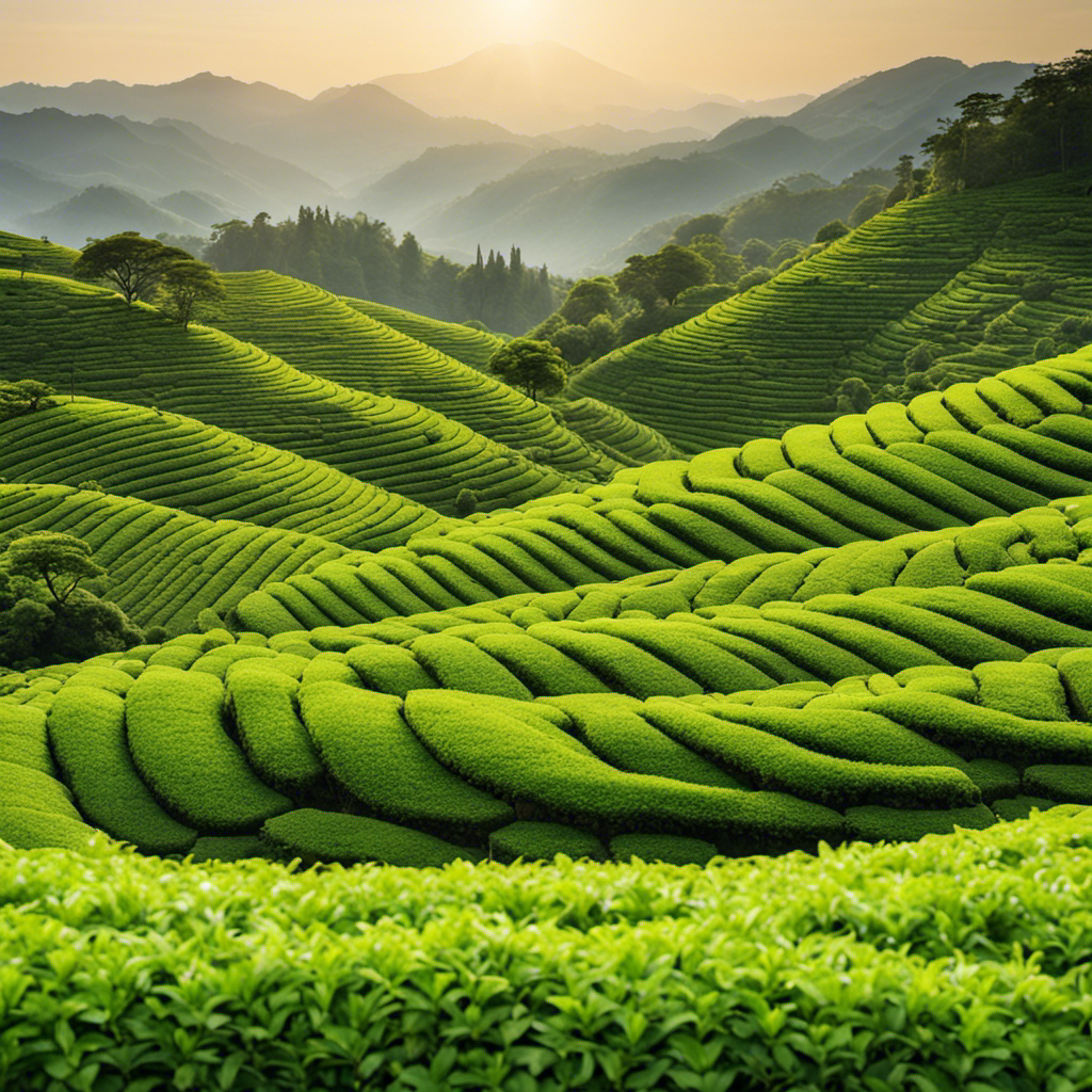 An image capturing the serene, lush landscape of a traditional Japanese tea plantation; rows of vibrant, emerald green tea plants stretching towards the horizon, their leaves delicately hand-picked for the renowned matcha tea