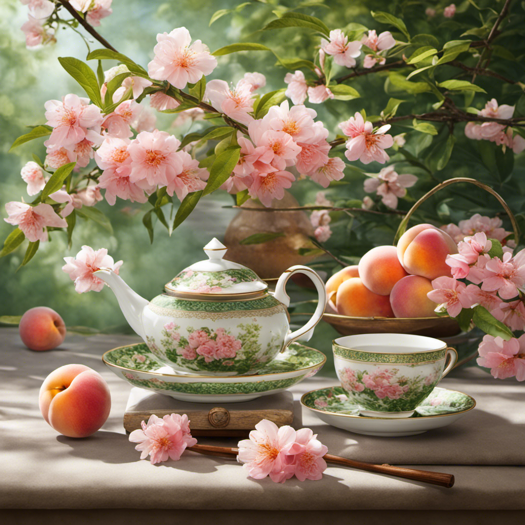 An image showcasing a serene, sunlit garden with delicate peach blossoms blooming amidst lush, green tea leaves