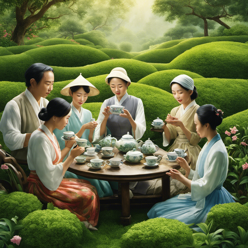 An image showcasing a serene scene: a group of diverse individuals sitting cross-legged in a lush, verdant tea garden
