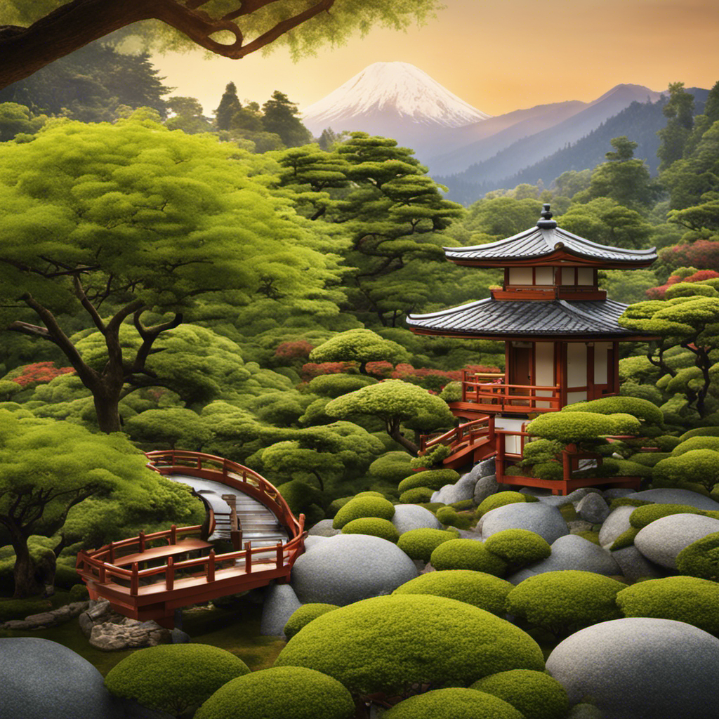 An image showcasing a serene Japanese tea garden with a traditional wooden tea house