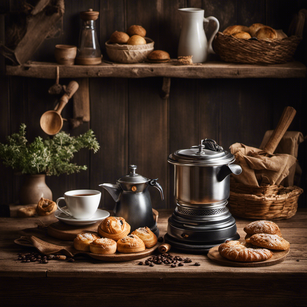 An image capturing the essence of a cozy kitchen with a steaming mug of Postum placed on a rustic wooden table, surrounded by freshly baked pastries and a vintage coffee grinder