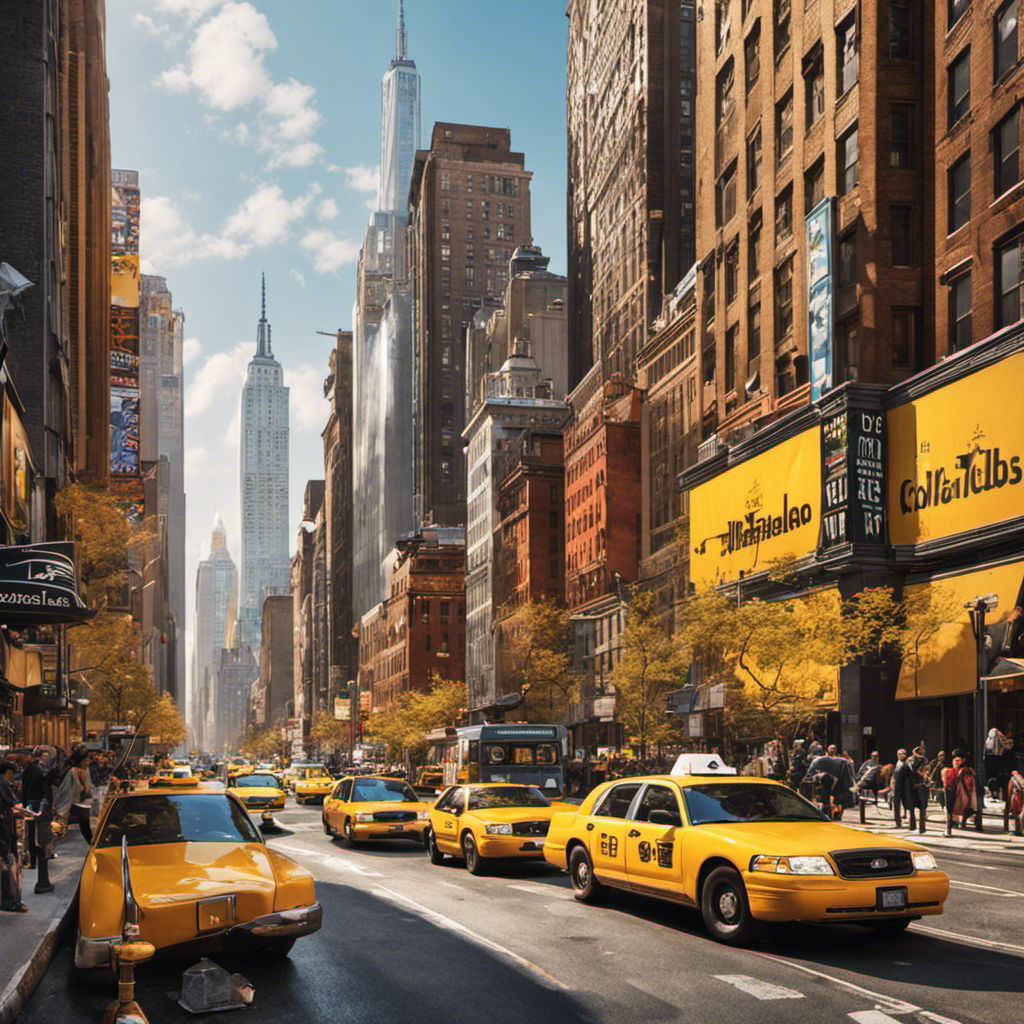 An image of a bustling New York City street, lined with iconic yellow taxis and towering skyscrapers, where locals and tourists alike are seen enjoying cups of Postum at trendy coffee shops and specialty stores
