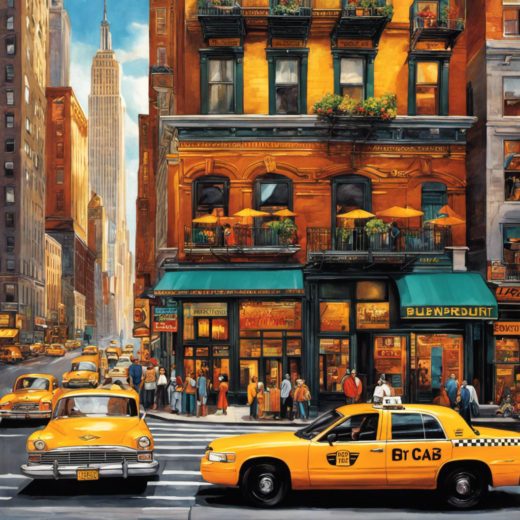 An image showcasing the vibrant streets of New York City, with a bustling marketplace brimming with a variety of shops