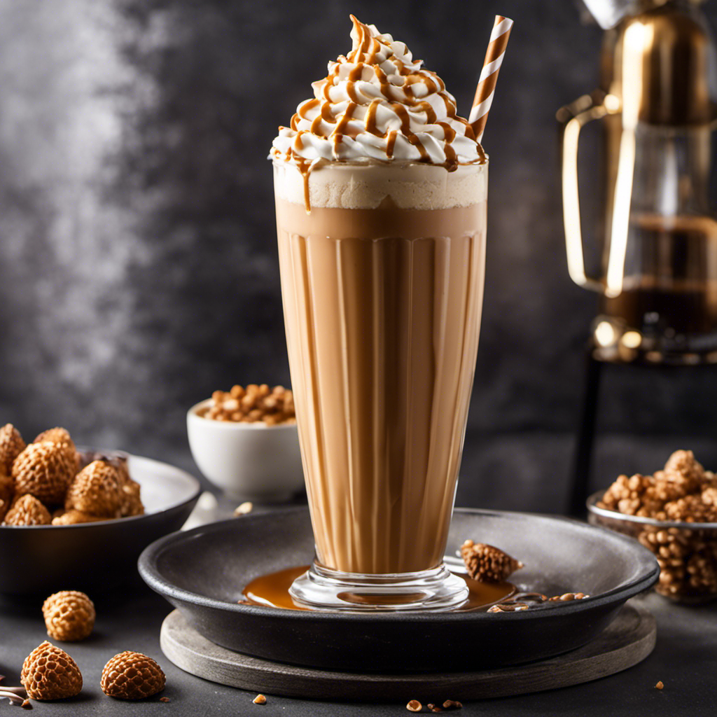 An image of a thick, creamy caramel-colored shake in a tall glass, topped with a sprinkling of crushed waffle cones, caramel drizzle, and a generous dollop of whipped cream
