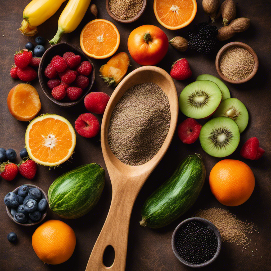 An image showcasing a person's hand holding a teaspoon filled with psyllium husk, surrounded by a vibrant assortment of fiber-rich fruits and vegetables, highlighting the quantity of fiber provided by 2 teaspoons