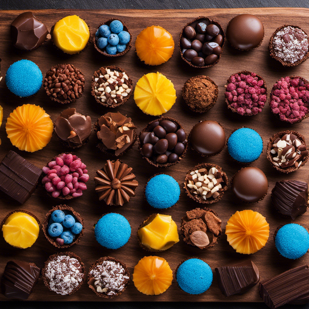 An image showcasing a variety of mouth-watering raw cacao bites, beautifully arranged on a wooden platter, with vibrant colors and tempting textures that entice the viewer to savor each bite