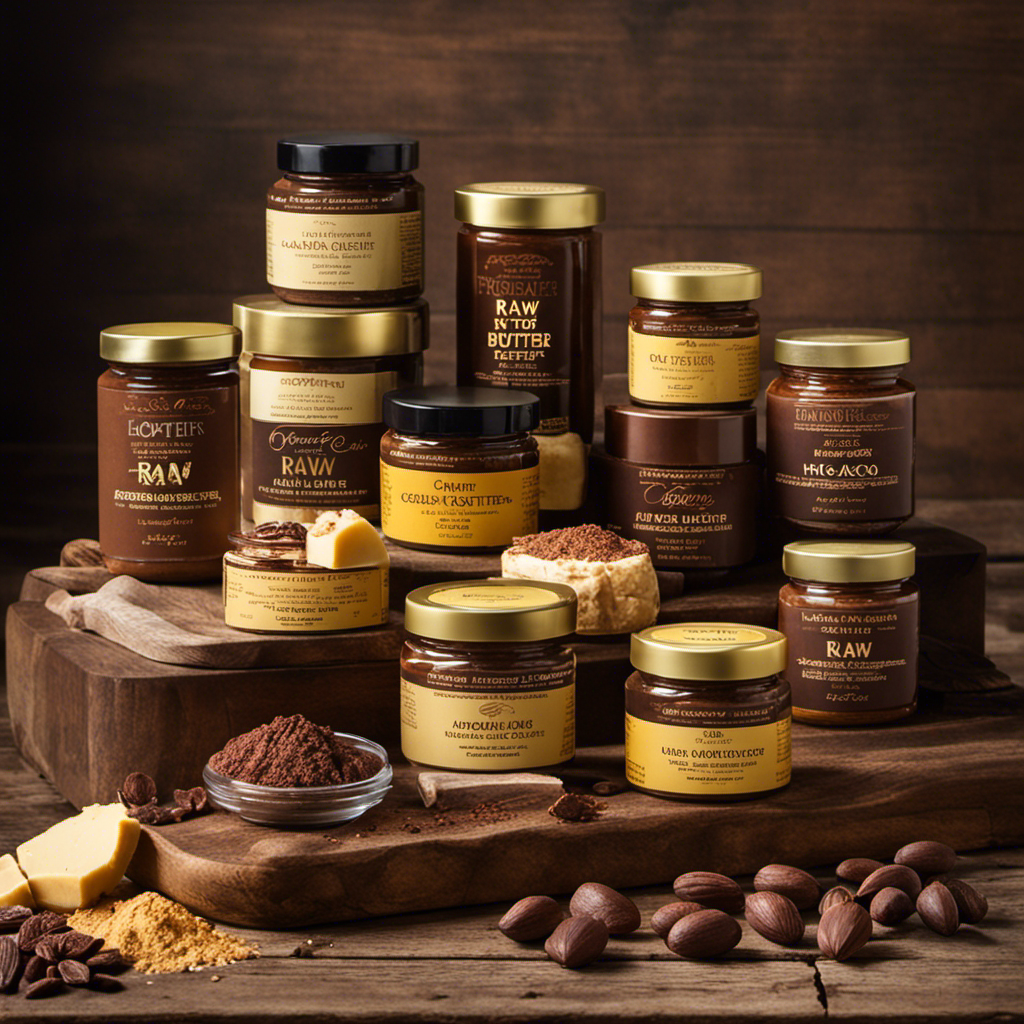 An image showcasing an array of high-quality raw cacao butter products neatly displayed on a rustic wooden shelf