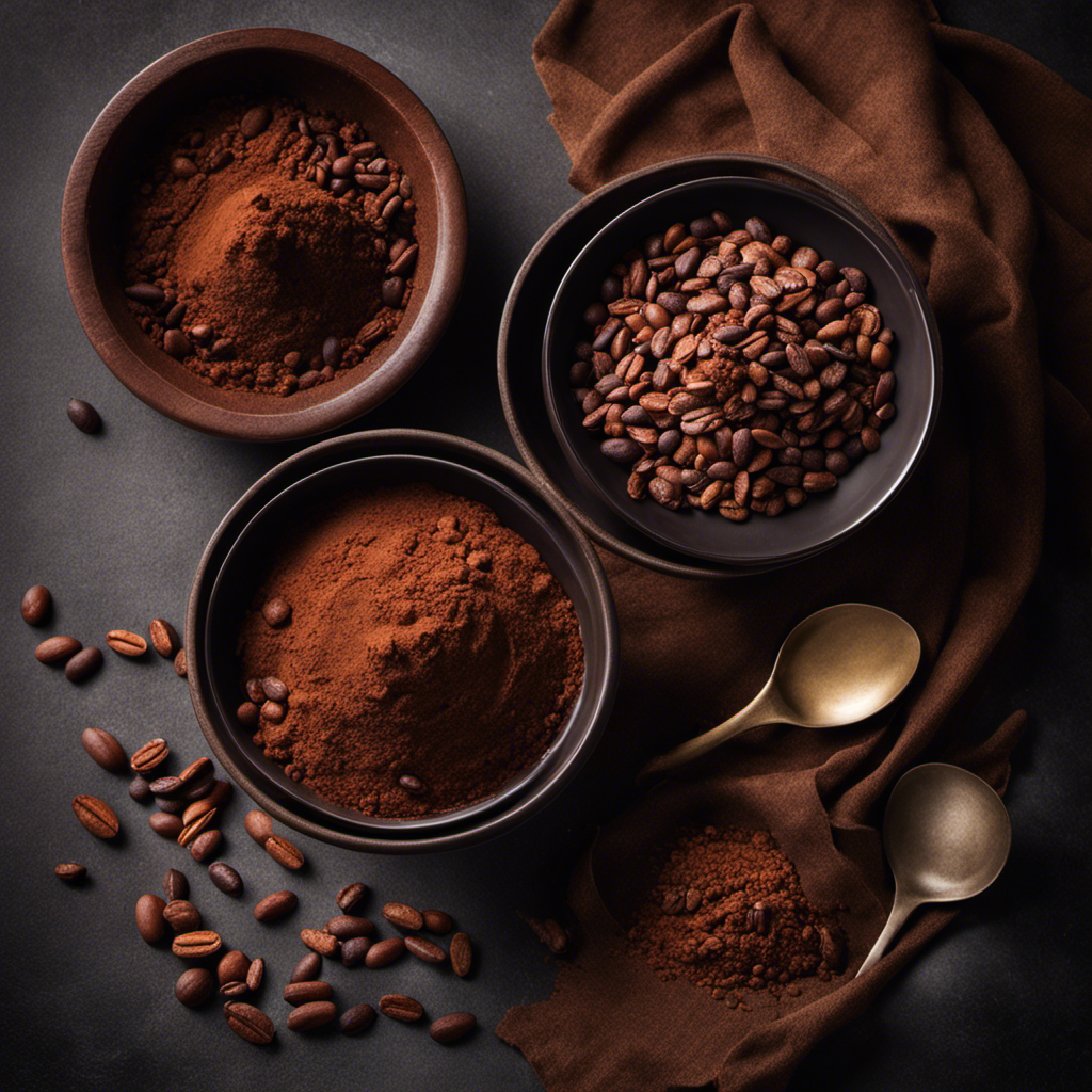An image showcasing two distinct bowls - one overflowing with luscious, unprocessed raw cacao beans, and the other filled with rich, finely ground cocoa powder