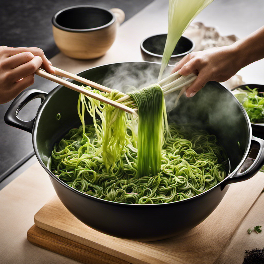 An image showcasing the step-by-step process of cooking Kelp Green Tea Noodles: a chef's hands delicately placing the noodles into a pot of boiling water, steam rising, a vibrant green broth simmering on the stove