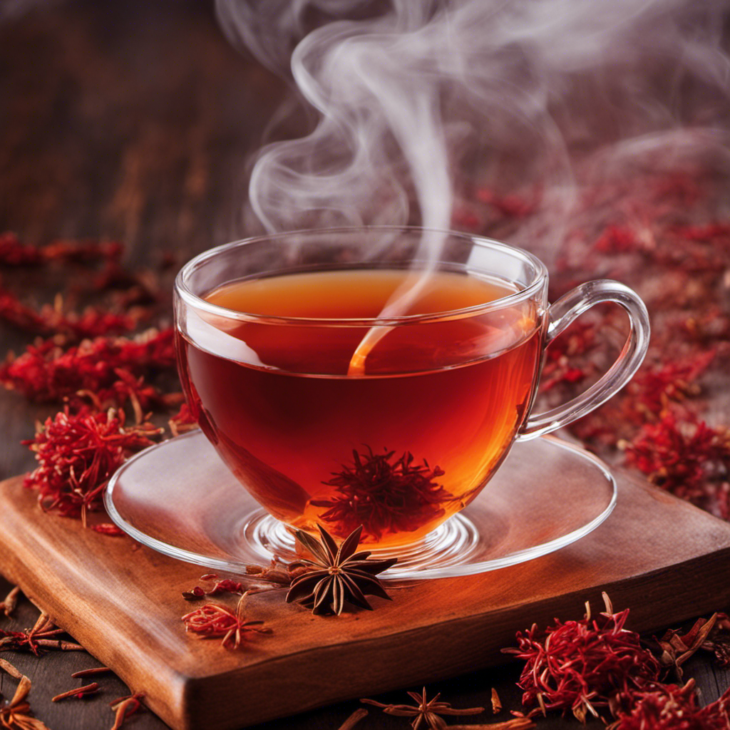 An image capturing the soothing ritual of sipping Rooibos tea when you're under the weather: a cozy blanket enveloping a steaming cup, delicate tendrils of steam rising, a vibrant red hue contrasting with a pale, sickly complexion