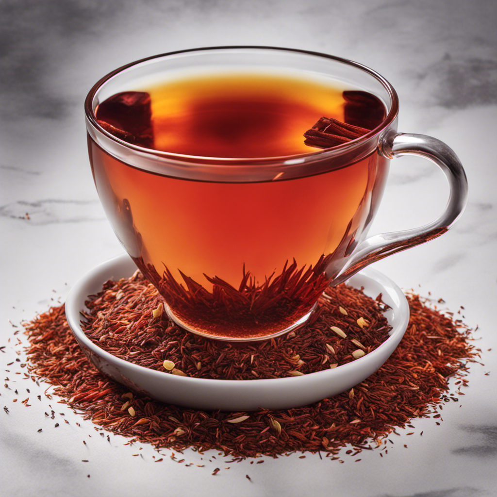 An image showcasing a steaming cup of vibrant red Rooibos tea, surrounded by an array of dried Rooibos leaves and delicate floral accents, evoking a sense of relaxation, wellness, and natural goodness