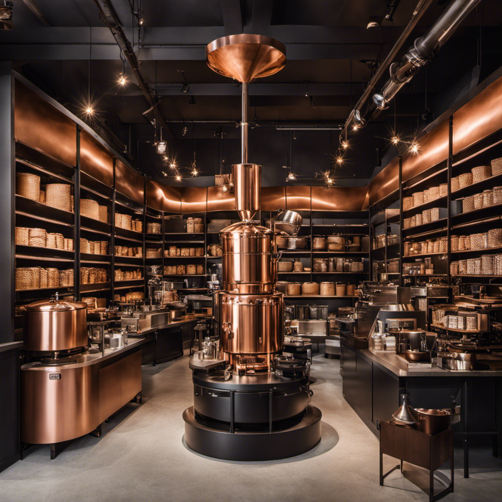 An image showcasing a bustling coffee roastery, with expert baristas meticulously roasting beans in gleaming copper drum roasters, surrounded by shelves stacked with bags of premium beans from around the world