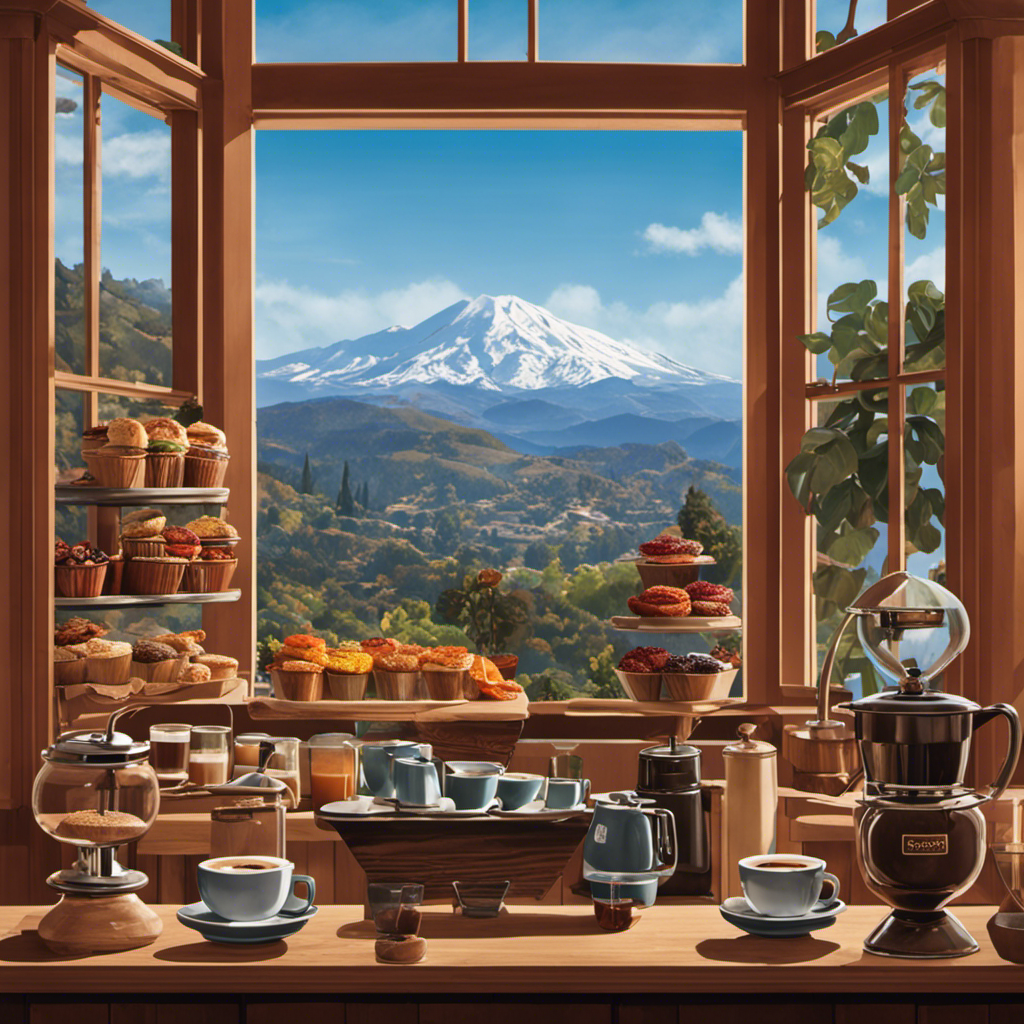 An image that showcases the vibrant Santa Cruz Coffee Roasting scene: a cozy cafe with sunlit windows, baristas passionately roasting beans, customers savoring their aromatic cups, and lush mountains as the backdrop
