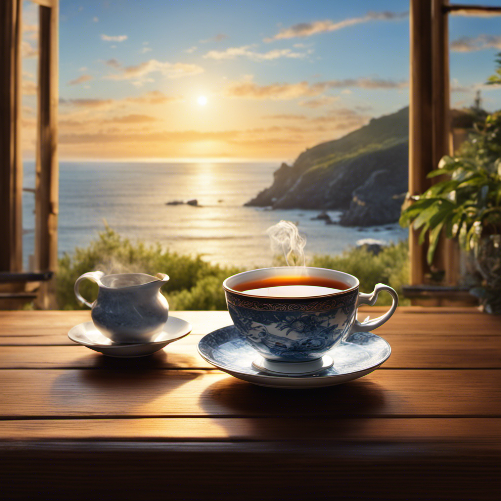 An image showcasing a serene coastal scene with a teacup filled with Sea Dyke Oolong Tea steeping on a wooden table