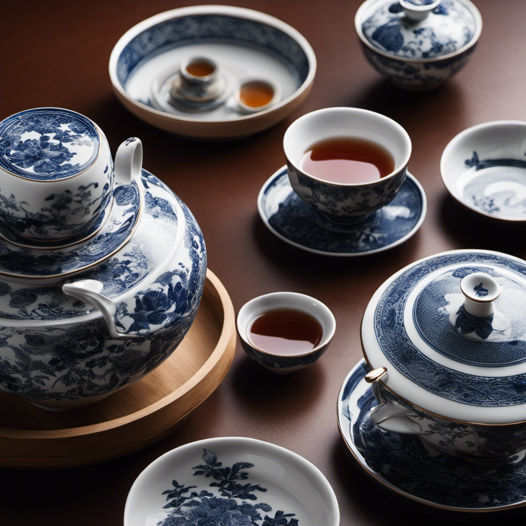 An image showcasing two elegant teaware set-ups side by side: a traditional Japanese shiboridashi with delicate patterns and a Chinese gaiwan adorned with intricate porcelain designs