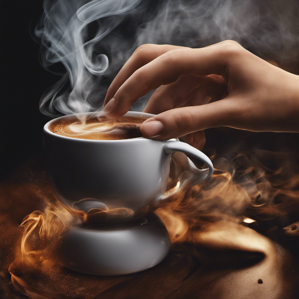 An image showcasing a close-up of a 14-year-old's hand holding a warm cup of coffee, steam swirling upwards