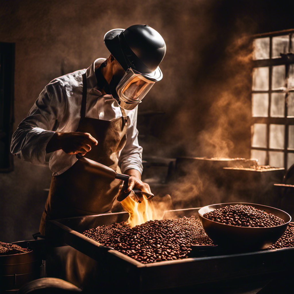 An image showcasing a person roasting coffee beans in a well-ventilated area, wearing a protective mask, with sunlight streaming in through a window, emphasizing the importance of wearing masks in coffee roasting