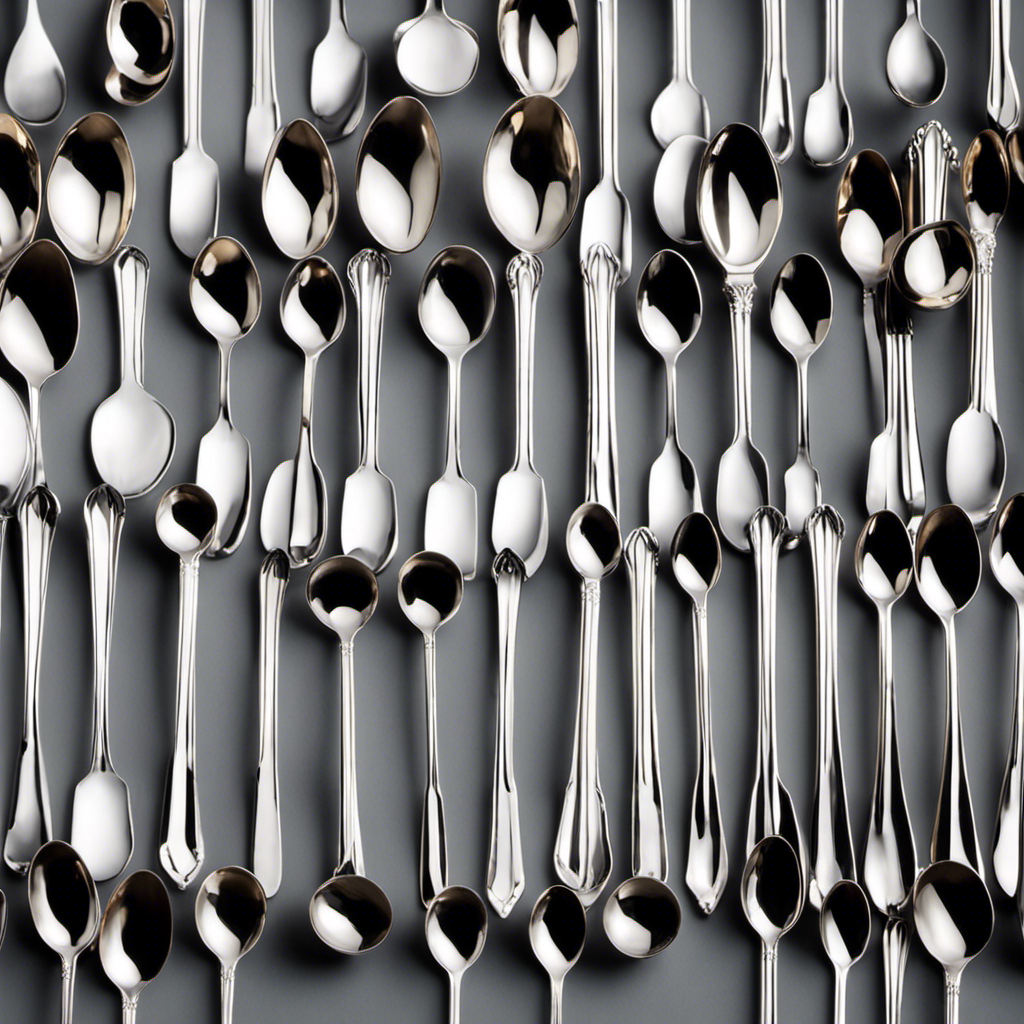 An image showcasing sixty elegant silver teaspoons arranged neatly in a row, gently pouring their contents into a transparent measuring cup, beautifully depicting the conversion from teaspoons to cups