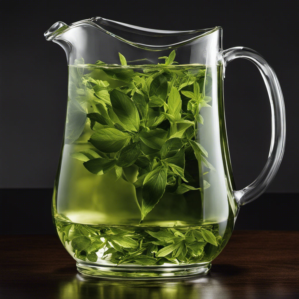 An image capturing a glass pitcher of crystal-clear water filled with vibrant green Sencha tea leaves, slowly infusing in the cold water