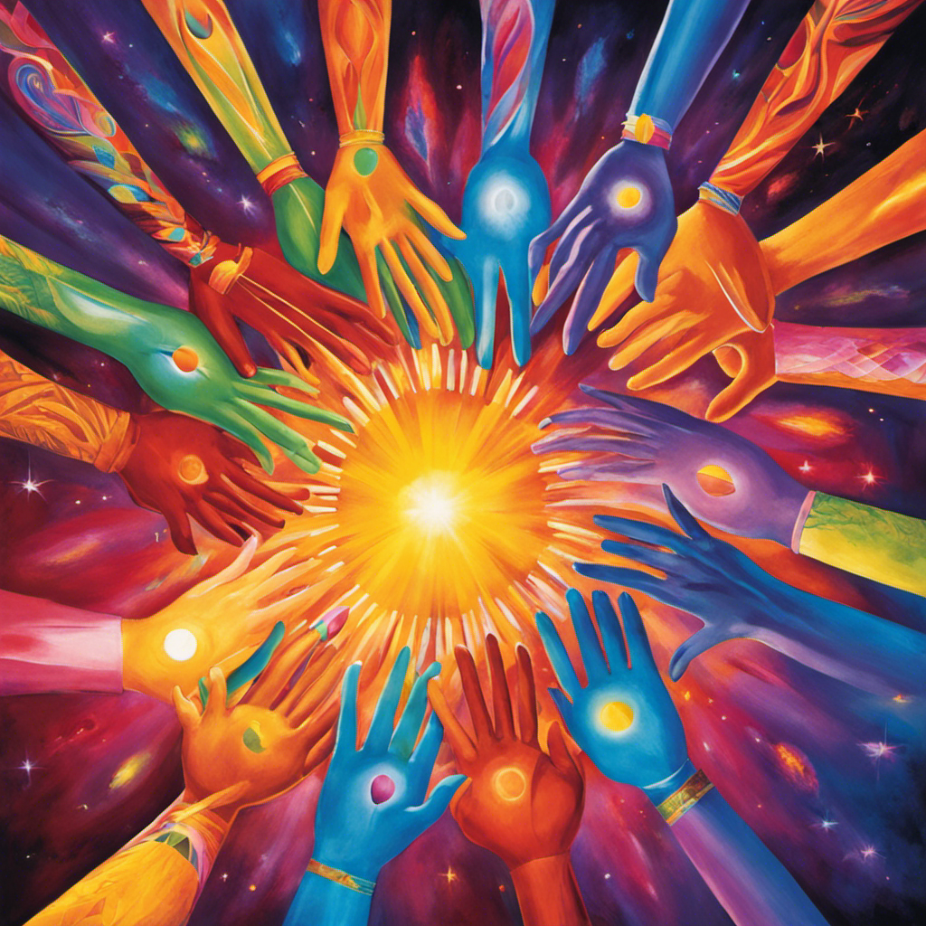 An image bursting with vibrant colors, depicting a group of diverse individuals holding hands, forming a circle