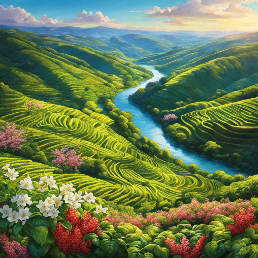 An image showcasing a vibrant, sunlit Spring Valley landscape with blooming coffee plants intertwined with yerba mate leaves