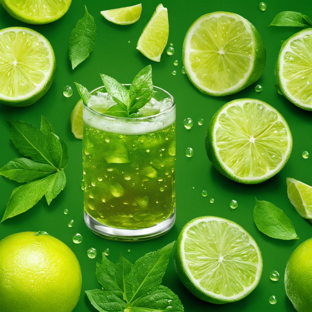 An image showcasing a refreshing glass of Stok Yerba Mate Cold Brew Tea, featuring condensation droplets glistening on the glass, vibrant green tea leaves floating gracefully, and a slice of zesty lime perched on the rim