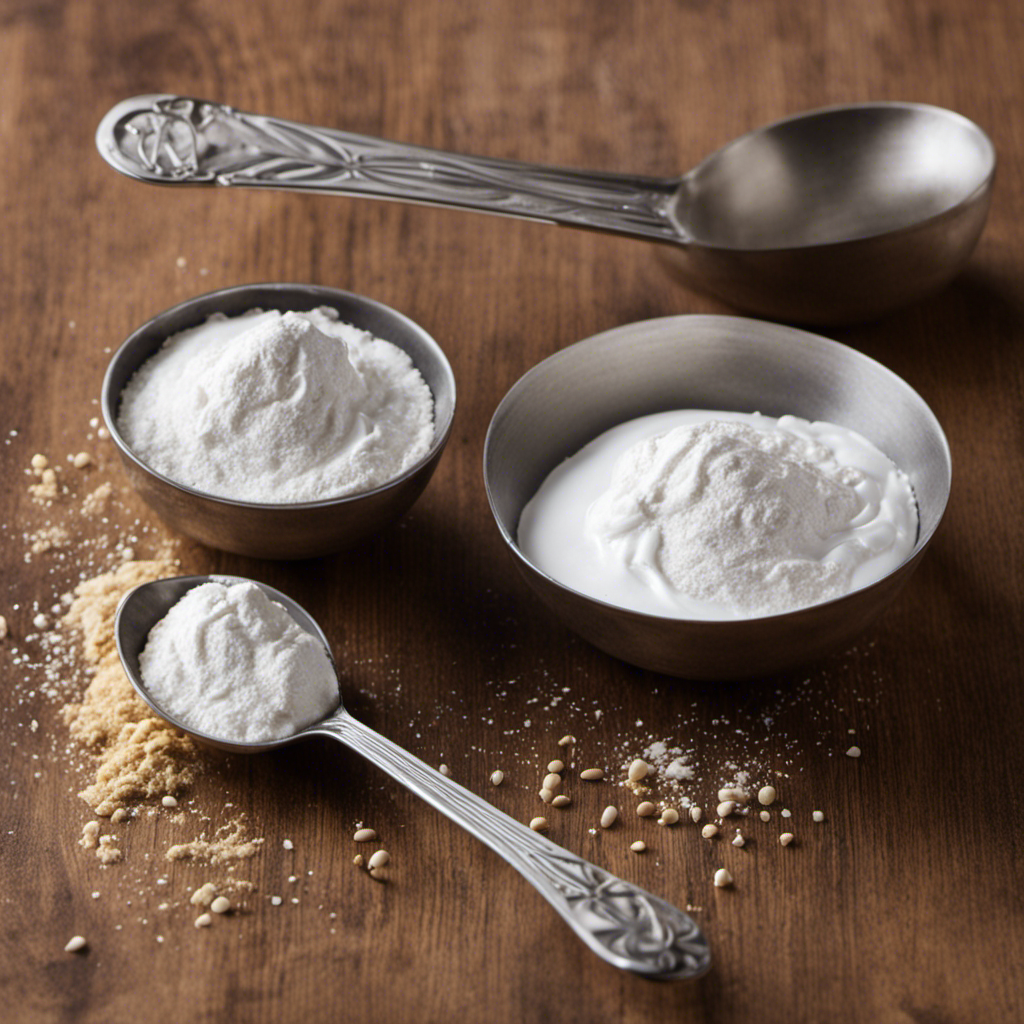 An image showcasing two identical measuring spoons side by side, one filled with 2 teaspoons of baking powder and the other with a corresponding amount of yogurt, highlighting the substitution process