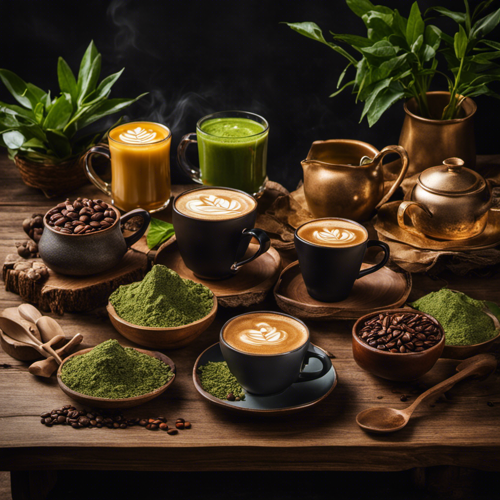 An image showcasing a rustic wooden table adorned with a steaming mug of rich, aromatic coffee, alongside an array of alternative drink options such as herbal tea, matcha latte, golden milk, and energizing smoothies