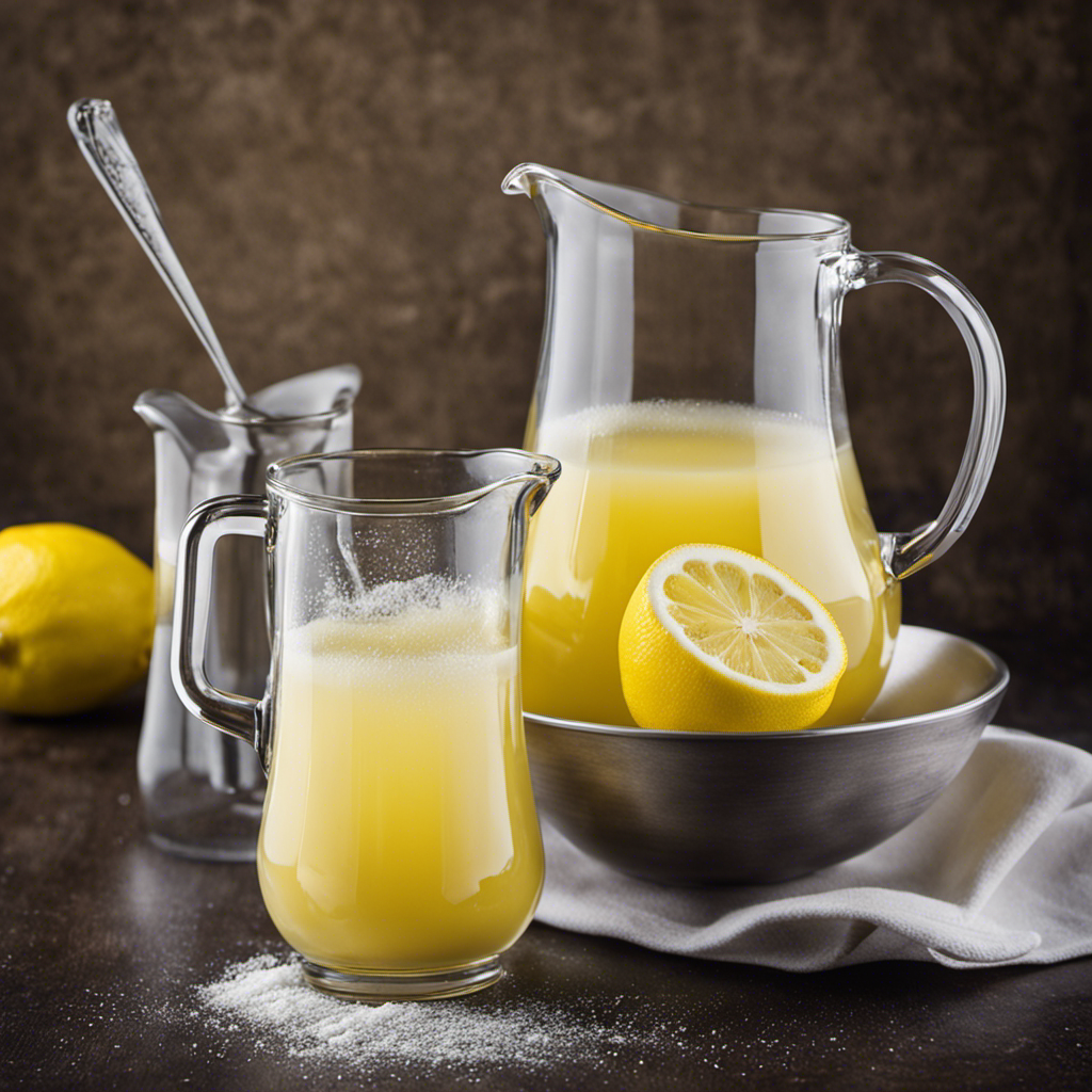 An image showcasing a clear glass measuring cup filled with 2 teaspoons of baking powder, beside it, a small pitcher pouring lemon juice, visually indicating the precise volume equivalent needed as a substitution