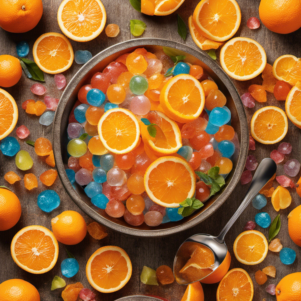 An image showcasing a vibrant glass filled with Sunkist orange soda, surrounded by an array of colorful teaspoons, each representing a specific quantity of sugar, to illustrate just how much sugar is hidden in this popular beverage