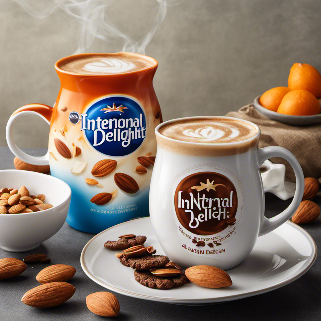 An image showcasing two coffee mugs, one with Super Creamer and the other with International Delight, surrounded by fresh ingredients like almond milk, coconut cream, and natural sweeteners, highlighting the healthier options