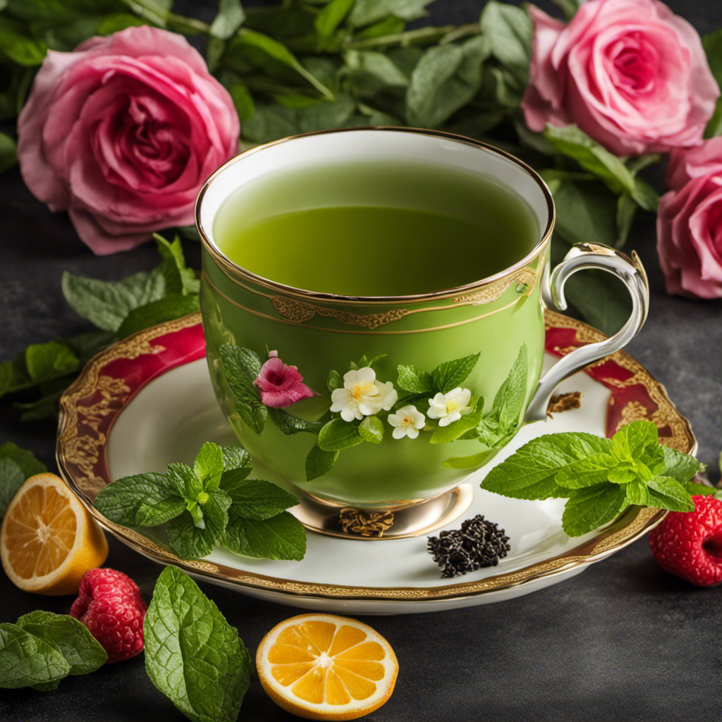 An image showcasing a steaming cup of vibrant green tea, delicately infused with natural sweetness