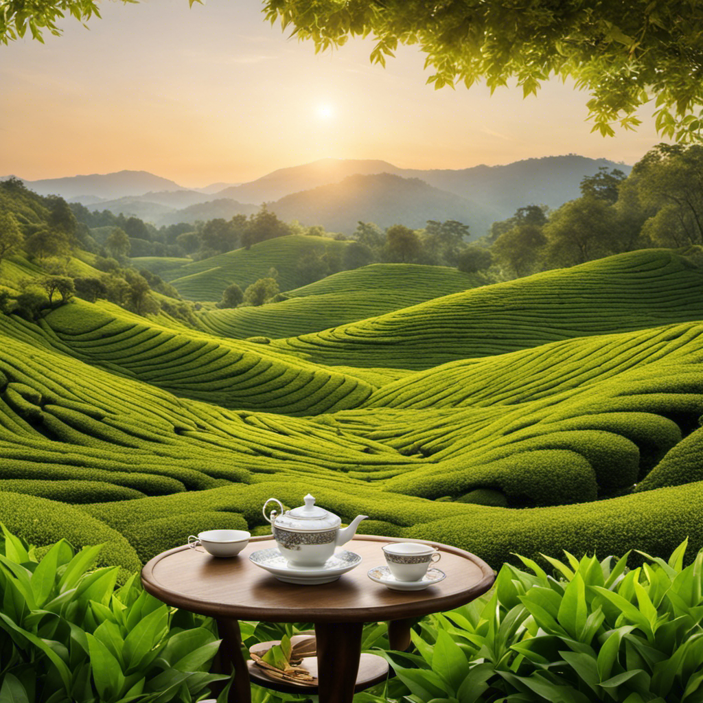 An image showcasing a serene tea garden at sunrise, with vibrant green tea leaves bathed in soft golden light