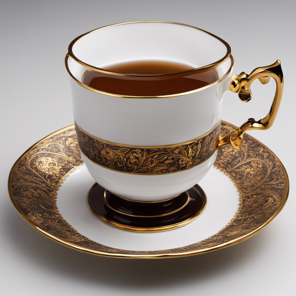 an image of a delicate porcelain teacup, adorned with intricate floral patterns, brimming with deep amber tea