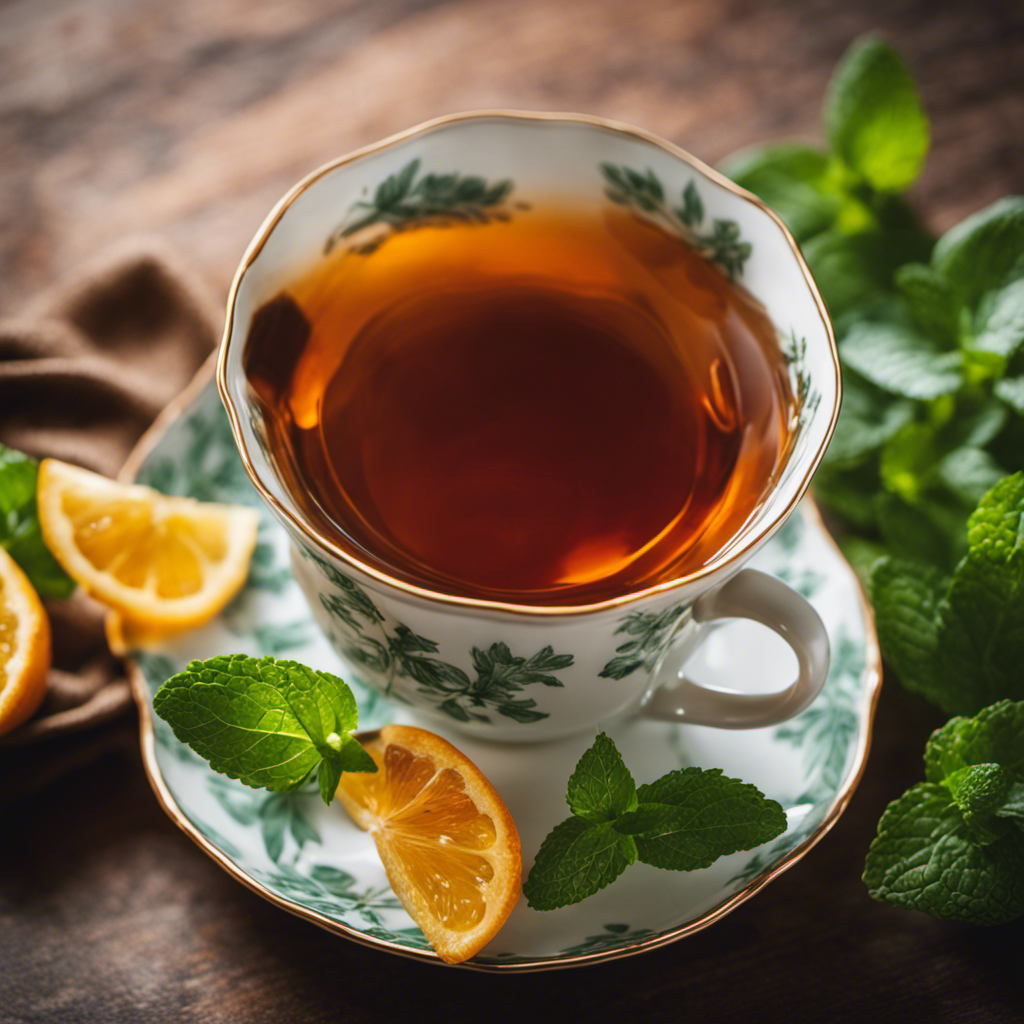 An image showcasing a delicate porcelain teacup, brimming with warm amber tea, surrounded by freshly picked mint leaves and a slice of ginger, evoking a soothing and comforting atmosphere for a blog post on Tea And Digestion