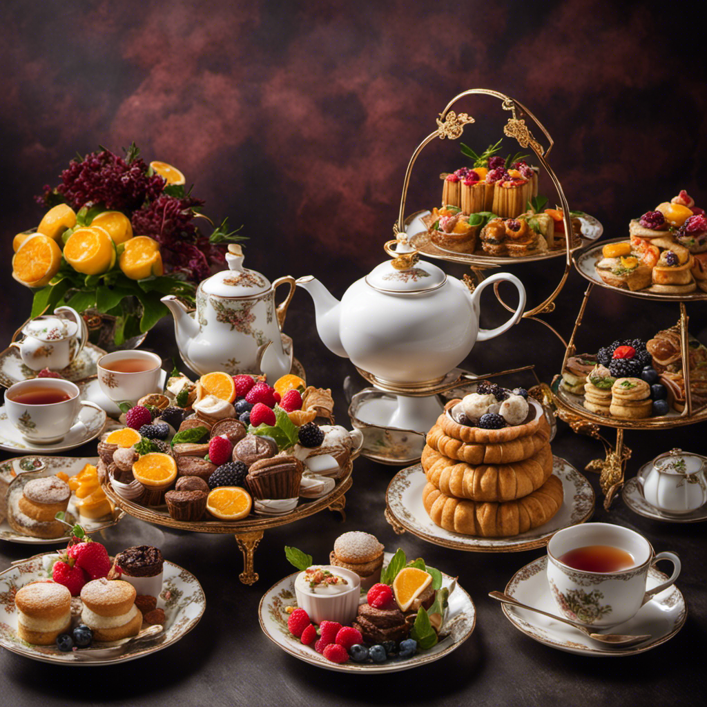 An image showcasing a steaming teapot surrounded by a variety of delicately arranged teacups, accompanied by a diverse selection of delectable pastries, fruits, and savory dishes, all perfectly paired with different types of tea