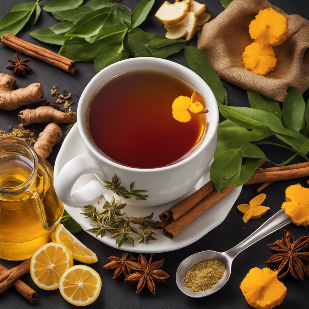 An image showcasing a serene scene of a steaming cup of herbal tea, surrounded by vibrant anti-inflammatory ingredients, such as turmeric, ginger, and cinnamon, evoking a sense of calm and soothing relief
