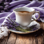 An image that captures the essence of tranquility: a delicate porcelain teacup, filled with steaming aromatic tea, rests serenely on a wooden table adorned with fresh lavender sprigs, bathed in soft sunlight streaming through lace curtains