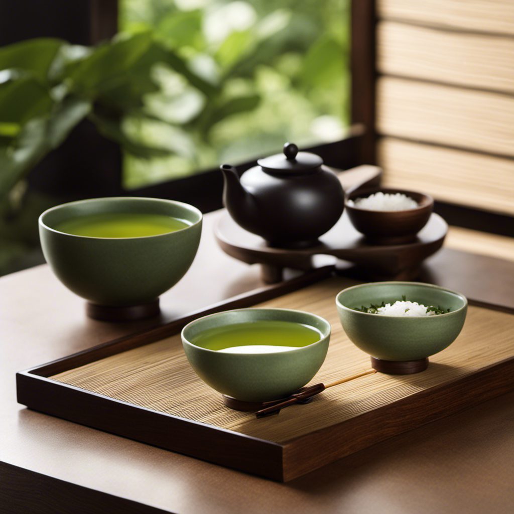 An image that showcases a serene, minimalist tea ceremony set on a wooden table