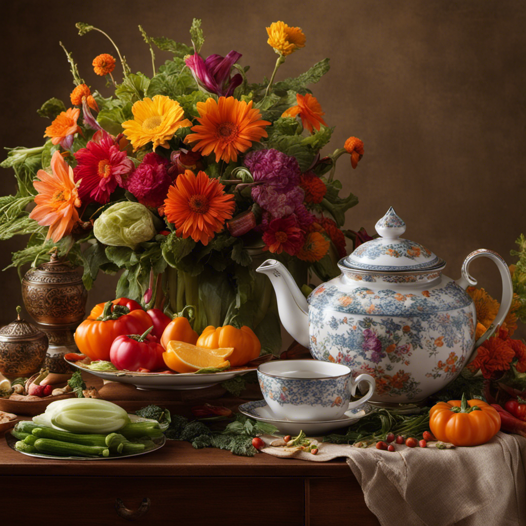 An image featuring a delicate porcelain teapot pouring a warm, amber-hued tea into a glass cup, accompanied by a vibrant platter of freshly harvested vegetables artfully arranged in an array of colors and textures