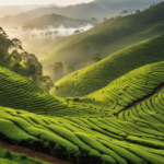 An image showcasing a serene tea plantation nestled amidst mist-covered, rolling hills