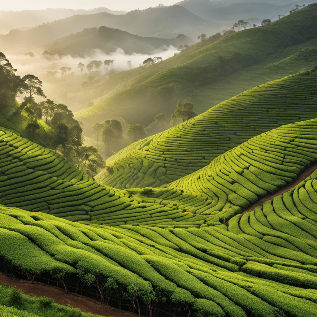 An image showcasing a serene tea plantation nestled amidst mist-covered, rolling hills