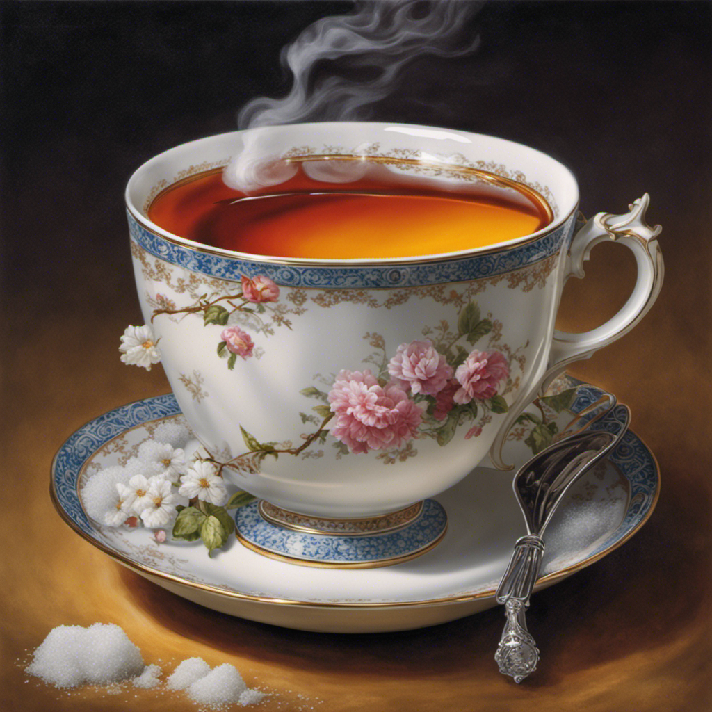 E an image showcasing a cracked porcelain teacup, filled with steaming tea, beside a heap of refined white sugar; symbolizing the bittersweet relationship between tea, sugar, and health