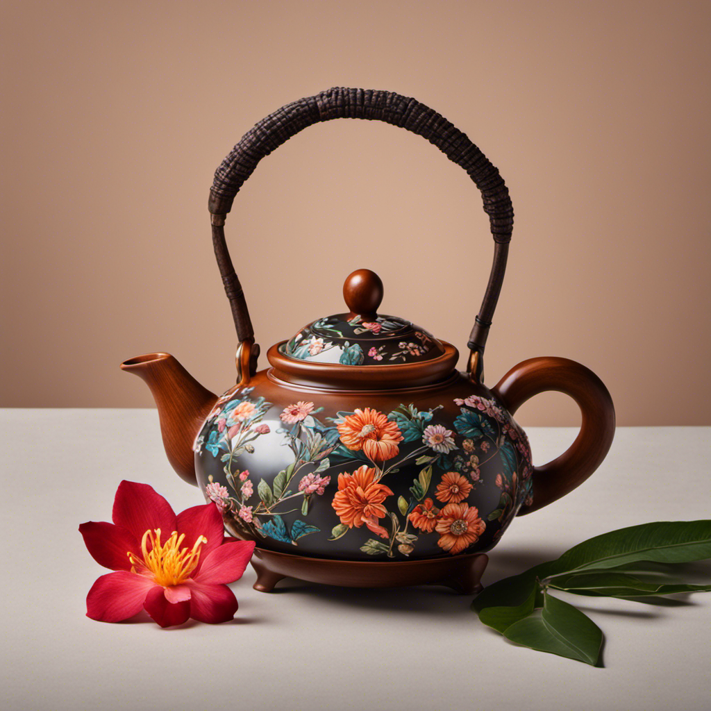 An image showcasing a perfectly handcrafted clay teapot, adorned with delicate floral patterns and a polished wooden handle, accompanied by a collection of vibrant oolong tea leaves in various shades, enticing the senses