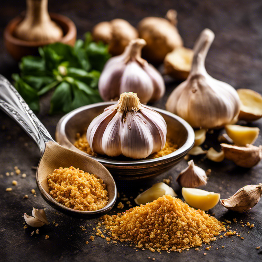An image showcasing a vibrant teaspoon filled with freshly minced garlic beside a measuring spoon filled with ground ginger, visually representing the equivalent measurement for using garlic and ginger in recipes