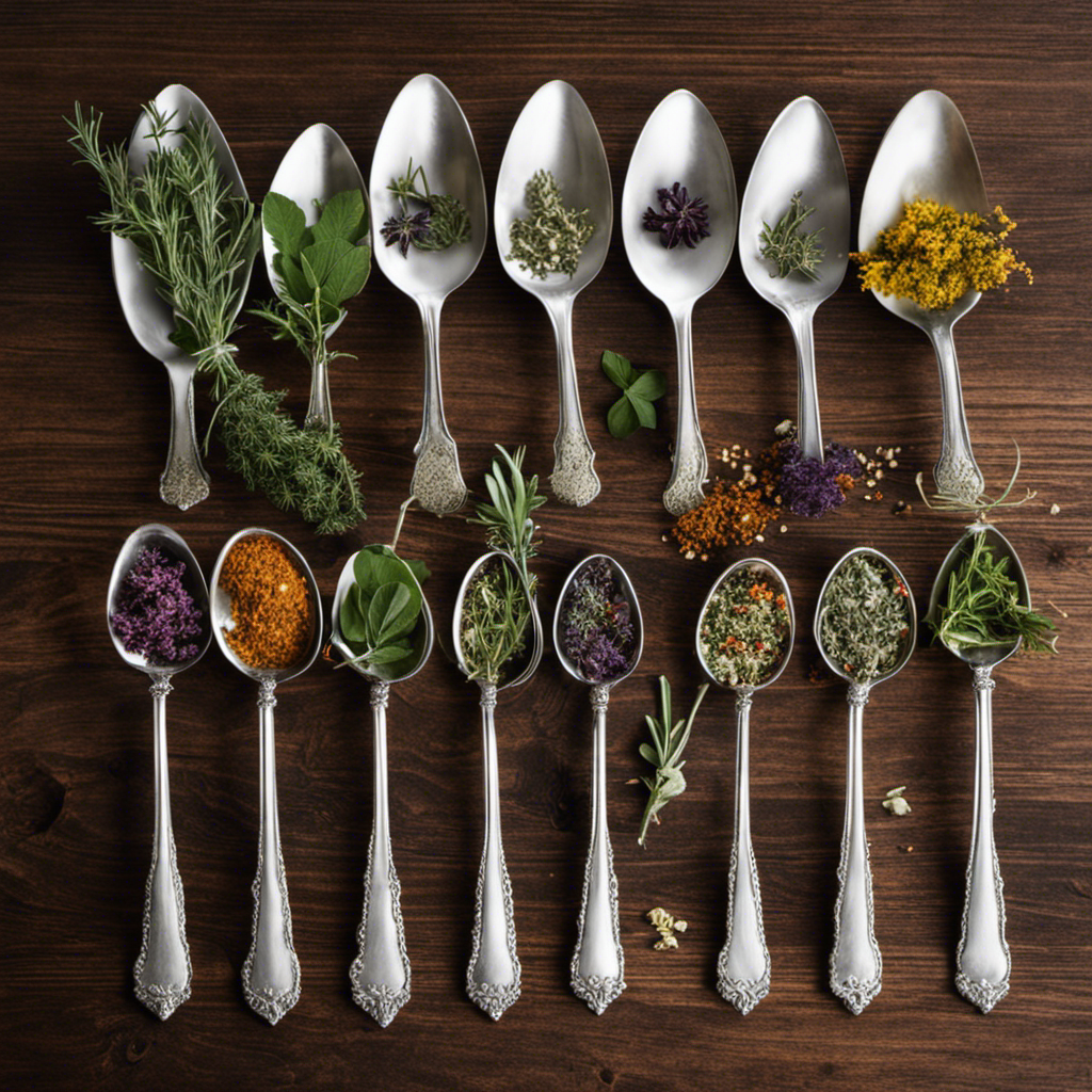 An image showcasing a set of delicate, silver teaspoons filled with vibrant, freshly picked herbs, contrasting with a smaller collection of dried herbs, beautifully arranged side by side on a rustic wooden surface